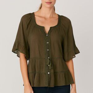J. Jill Green Blouse with Ruffled Sleeves Tassel Tie Up Embroidery Boho Bohemian